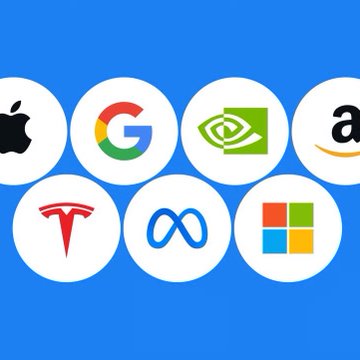 The image displays logos of major tech companies (Apple, Google, NVIDIA, Amazon, Tesla, Meta, and Microsoft) arranged in two rows on a blue background, representing major publicly traded companies whose stock tickers ($AAPL, $GOOG, $NVDA, $AMZN, $TSLA, $META, $MSFT) can be traded via X's new "Trade" feature launched through partner brokers and exchanges including Gemini, Kraken, Moomoo, Coinbase, and Interactive Brokers.