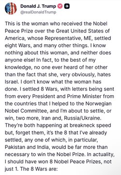 A tweet from Donald J. Trump (@realDonaldTrump) about a woman who received the Nobel Peace Prize for the Great United States of America, discussing her work in resolving wars.