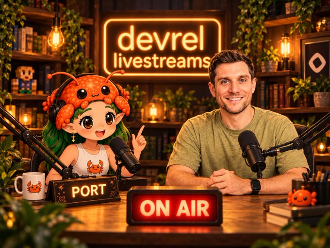 A podcast or livestream setup featuring a smiling man in a green shirt sitting next to an animated crab mascot character, with a neon 'devrel livestreams' sign and 'ON AIR' indicator visible.