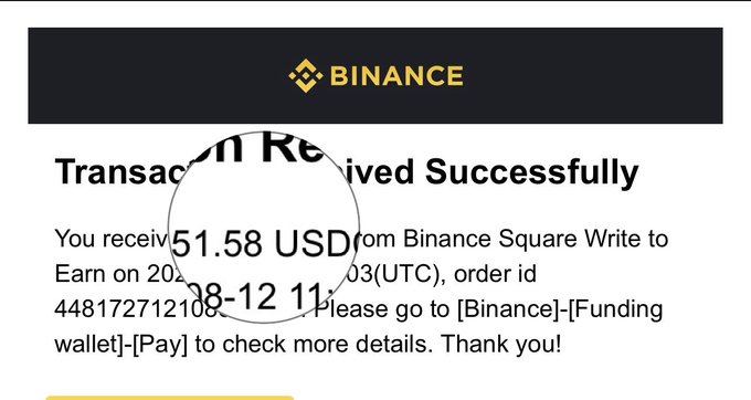 A Binance transaction receipt confirming a successful 51.58 USD withdrawal from Binance Square Write to Earn on 2025-08-12.