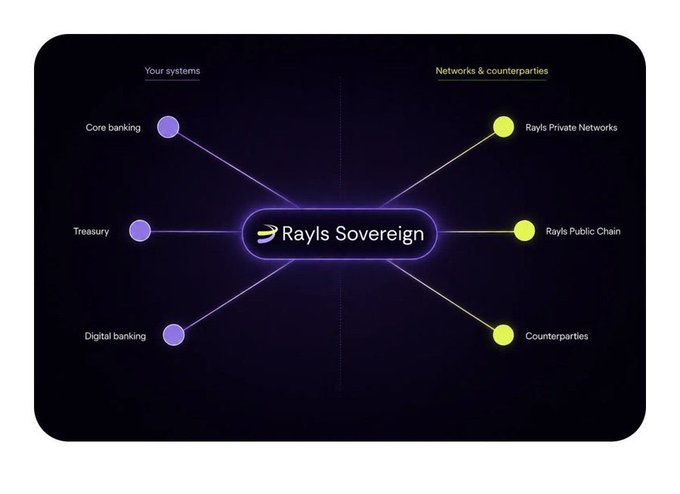 A diagram showing "Rayls Sovereign" as a central hub connecting internal banking systems (Core banking, Treasury, Digital banking) on the left to external networks and counterparties (Rayls Private Networks, Rayls Public Chain, Counterparties) on the right, illustrating how the platform bridges an institution's own infrastructure with public blockchain liquidity.