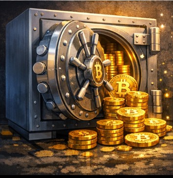 The image features a large, ornate safe with gold coins inside of it. The safe has a metal exterior that gleams under the light, and its interior contains an impressive amount of gold coins stacked neatly within. The scene also includes a text overlay that reads "ビットコイン豆知識 ビットコインは2009年に誕生しましたが、最初は価格が0円でしたらせずけている". This text seems to be related to the safe and its contents, possibly indicating a connection between the safe's design or the gold coins inside.