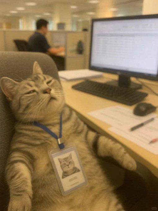 A tabby cat lounges contentedly in an office chair wearing a lanyard with an ID badge featuring its own picture, with a coworker working at a computer in the background.