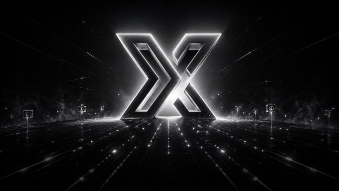 A black and white image featuring a large glowing 'X' logo centered in a futuristic space with stars, lines, and a reflective floor.