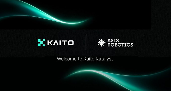 A welcome screen for "Kaito Katalyst" partnership with "Axis Robotics," featuring teal glowing light streaks on a dark background.
