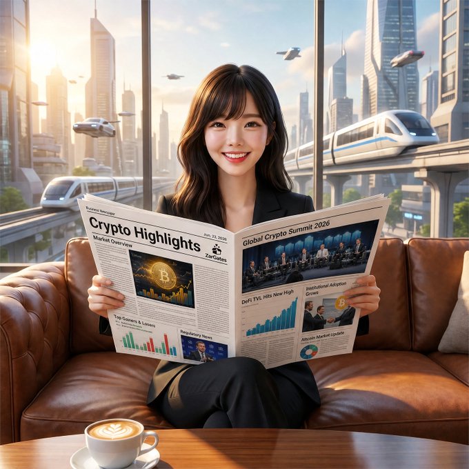 A stylized digital illustration of a smiling woman in a blazer reading a newspaper titled 'Crypto Highlights' featuring sections like 'Market Overview' and 'Global Crypto Summit 2026,' set in a futuristic city with floating vehicles and a monorail.