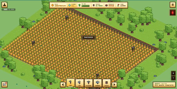 Screenshot of a pixel art farming/idle game showing a large farm field with crops, resource counters including 16676014 coins and 186 mill energy, and various UI elements with Japanese text.