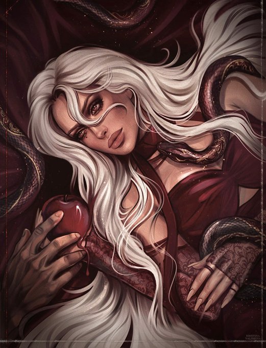 A digital fantasy illustration of a pale woman with long flowing white hair in a red dress, holding a red apple, surrounded by dark snakes.