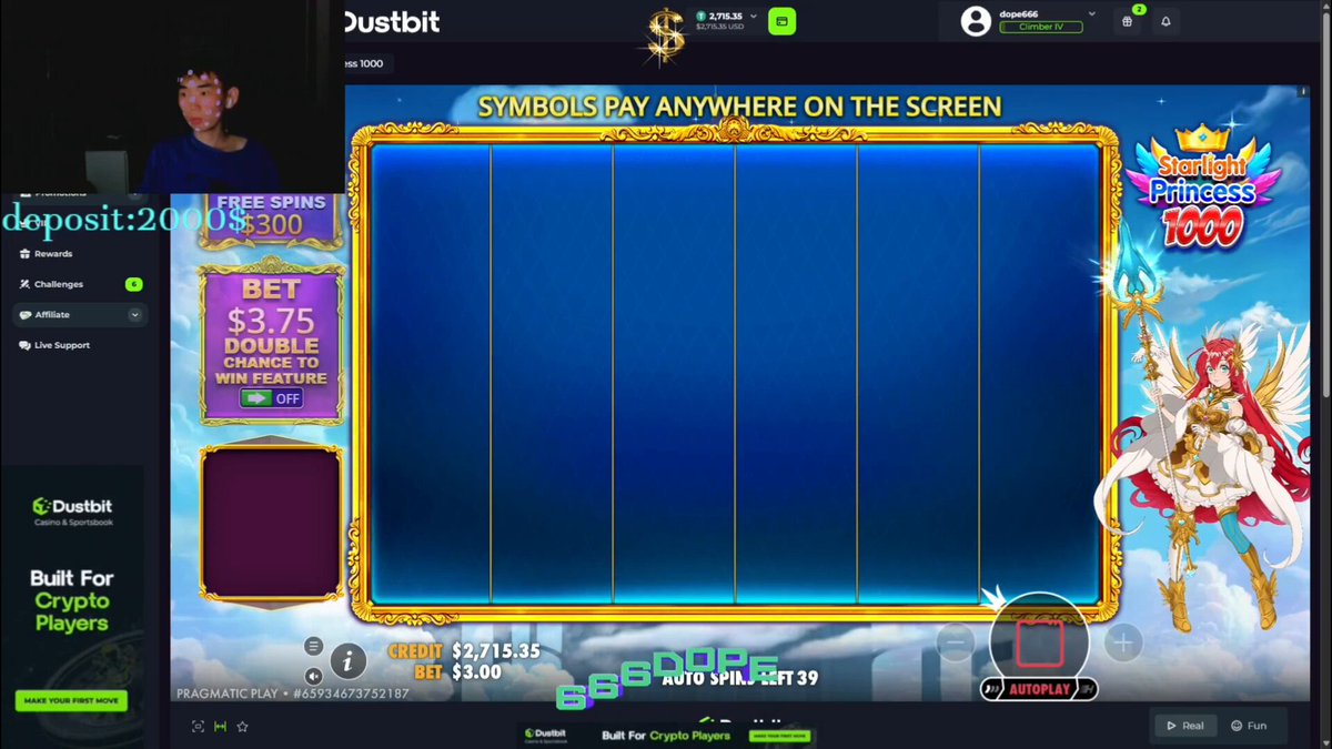 The image shows a casino game with a man playing at a slot machine. The slot machine has a blue background, and there are two rows of symbols displayed on the screen. The text "Justbit" can be seen in the image as well.