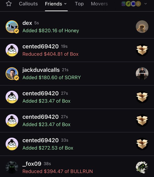 The screenshot displays the "Friends" tab on the Pump app, showing recent trades made by friends such as dex adding $820.16 of Honey, centered69420 reducing $404.81 of Box, jackduvalcals adding $180.60 of SORRY, and _fox09 reducing $394.47 of BULLRUN. This illustrates the new feature that lets users monitor their friends' trading activity in real-time, as highlighted in the accompanying post about the bullish update to the Pumpfun platform.