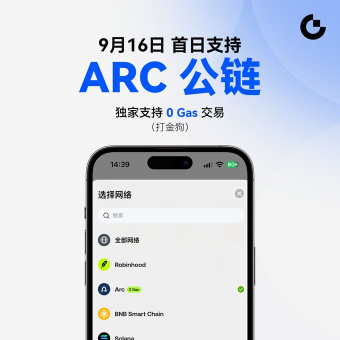 A promotional graphic with Chinese text announcing '9月16日 首日支持 ARC 公链' and '独家支持 0 Gas 交易 (打金狗)' showing a smartphone interface with network options including Robinhood, Arc (0 Gas), BNB Smart Chain, and Solana.