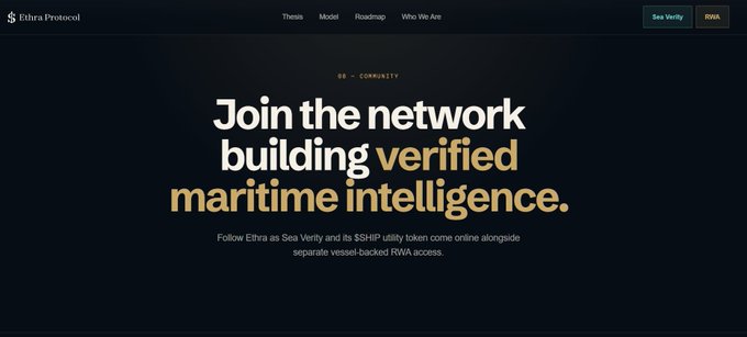 A website screenshot for 'Ethra Protocol' featuring the tagline 'Join the network building verified maritime intelligence' on a dark background.