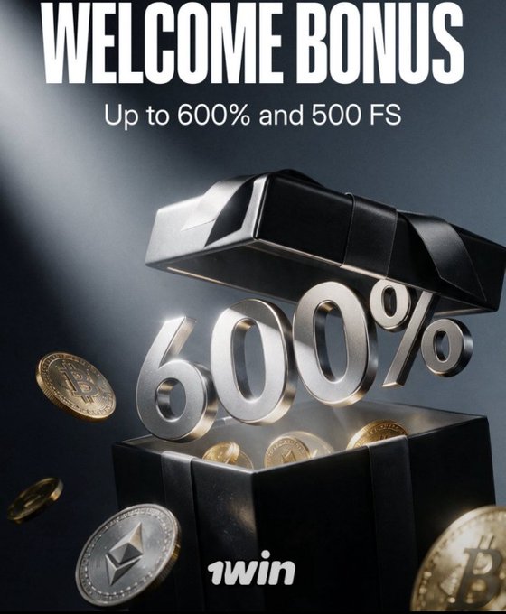 A promotional advertisement for 1win featuring a black treasure chest spilling gold and crypto coins (Bitcoin and Ethereum) alongside bold "600%" text, with the headline "WELCOME BONUS - Up to 600% and 500 FS," directly illustrating the generous new user offer highlighted in the post about 1win's crypto deposit welcome bonus.