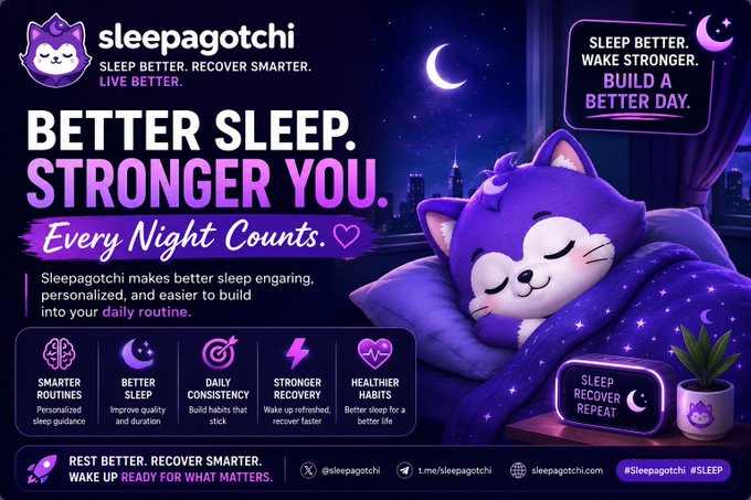 An advertisement for 'sleepagotchi' featuring a purple cat mascot sleeping in bed, with the tagline 'BETTER SLEEP. STRONGER YOU. Every Night Counts.'