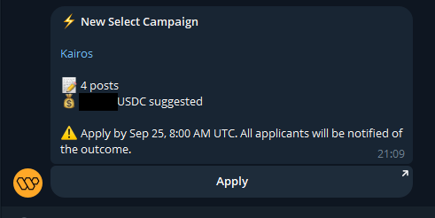 A dark-themed mobile app notification for a "New Select Campaign" named Kairos, offering 4 posts with USDC compensation, with an "Apply" deadline of Sep 25, 8:00 AM UTC.