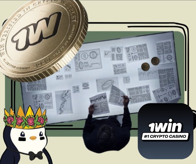 A promotional graphic for 1win featuring a gold coin with the '1W' logo, a person reading financial newspapers, a penguin mascot with a rose crown, and text reading '1win #1 CRYPTO CASINO'.