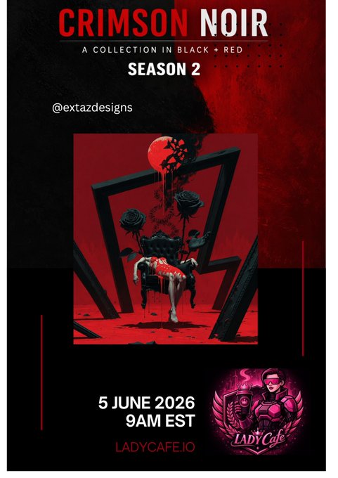 The image features a poster for a movie called "CRIMSONNOIR" that was released in 2016. The poster has a black background with red text, and there are two images of people sitting in chairs - one person wearing a red dress and another person wearing a pink dress. The poster also includes the names of some artists who contributed to the film's production. The post is scheduled for release on May 5th at 9:00 am EST.