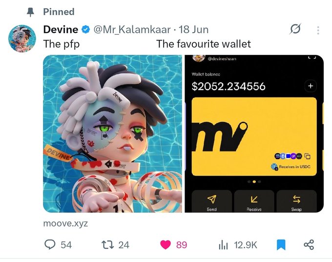 A pinned post by Devine (@Mr_Kalamkaar) showing a side-by-side comparison of his profile picture—a stylized 3D character with white and dark dreadlocks and a mask—next to his Moove.xyz crypto wallet displaying a balance of $2052.234556, promoting the Moove wallet as his favorite. The post has 54 replies, 24 reposts, 89 likes, and 12.9K views.