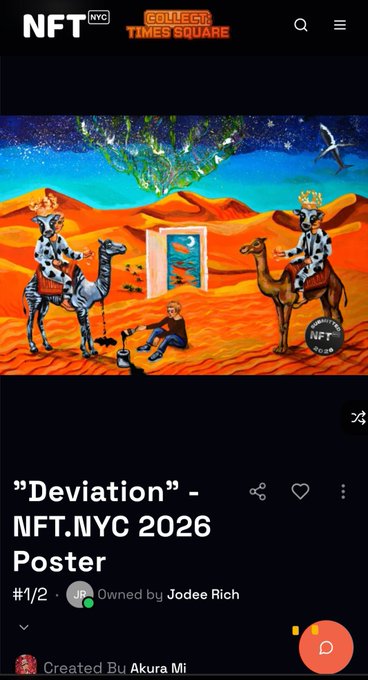 A webpage from NFT.NYC featuring the digital artwork "Deviation" - NFT.NYC 2026 Poster, created by Akura Mi, showing figures riding camels in a desert landscape with surreal elements.