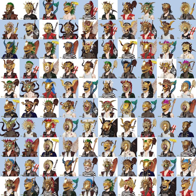 A 10x10 grid showcasing 100 generative pirate-themed NFT avatars from Degen Pirates Bay, featuring varied designs with golden masks, horns, feathers, and weapons, previewing the collection set to launch on Robinhood Chain on September 8.