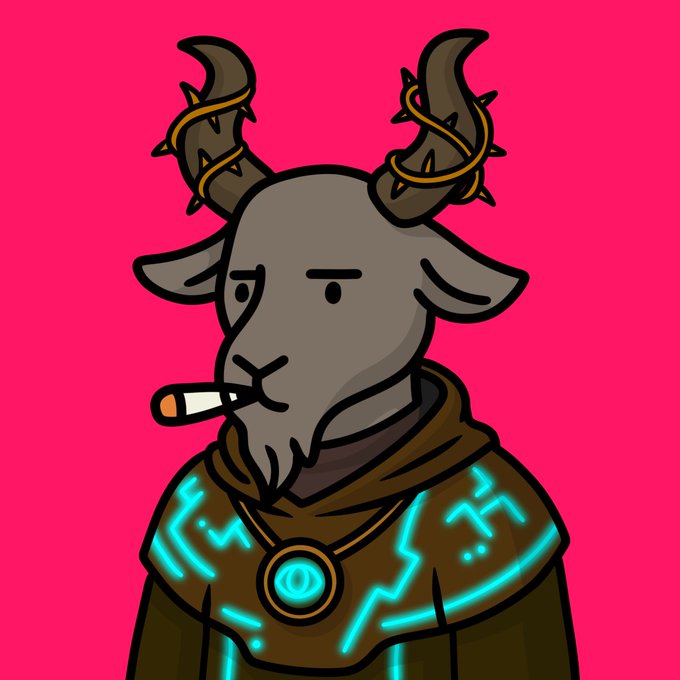 A digital illustration of an anthropomorphic goat-like character with curved horns wrapped in barbed wire, smoking a cigarette, wearing a brown hooded robe with glowing cyan circuit-like patterns, set against a bright pink background.