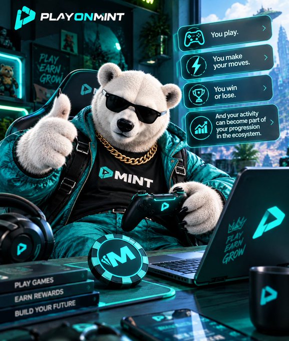 A promotional graphic for 'PLAYONMINT' featuring a polar bear wearing sunglasses and a teal jacket, giving a thumbs-up while holding a game controller. Text overlays include 'PLAY EARN GROW', 'PLAY GAMES / EARN REWARDS / BUILD YOUR FUTURE', and feature descriptions like 'You play', 'You make your moves', 'You win or lose', and 'And your activity can become part of your progression in the ecosystem'.
