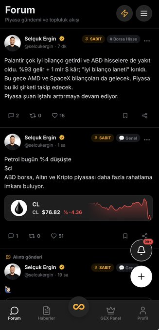 A Twitter forum screenshot showing Selcuk Ergin (@selcukergin), a verified market commentator, discussing Palantir's 93% gain and AMD/SpaceX-related crypto news, alongside a post noting that crude oil (CL) dropped 4.38% to $76.82, reflecting the broader market movements referenced in the caption.