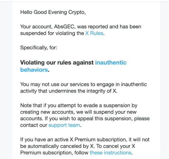 A screenshot of an X (formerly Twitter) account suspension notice addressed to user "AbsGEC" for violating platform rules against "inauthentic behaviors," directly supporting the post's claim that the Abs GEC account has been suspended and is seeking reinstatement with help from the XRP community.