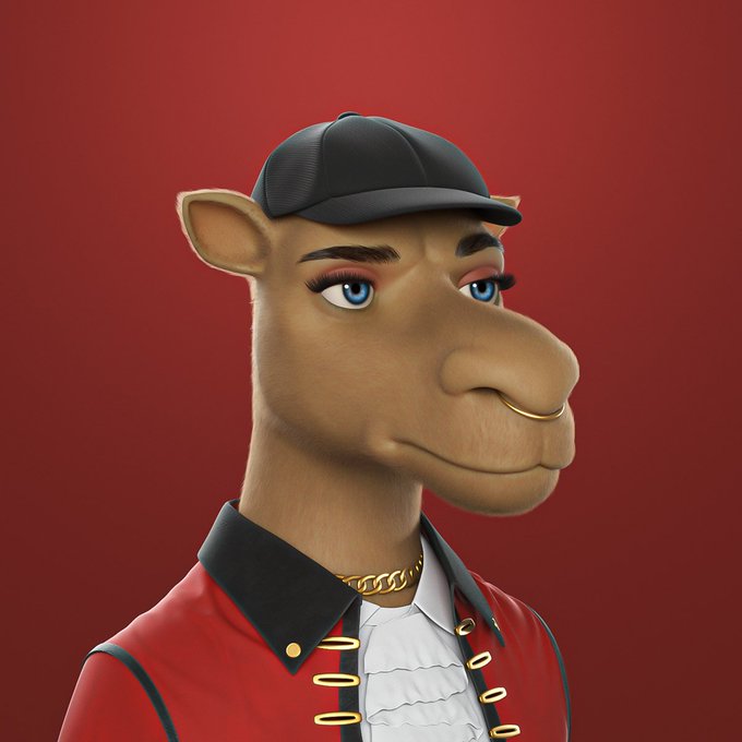 A 3D illustration of a stylized anthropomorphic camel character with blue eyeshadow and a nose ring, wearing a black cap, a gold chain, and a red and black shirt against a solid red background.