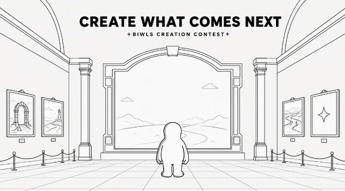 A black-and-white line drawing illustrates a gallery space with an archway and framed artworks, featuring the text 'CREATE WHAT COMES NEXT' and 'BIWLS CREATION CONTEST' above a central figure.