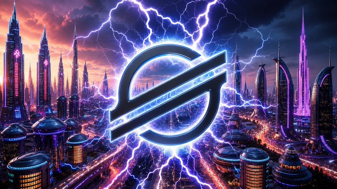 A glowing blue Stellar logo dominates the center of the image, surrounded by lightning bolts against a futuristic neon-lit cityscape at dusk. The sci-fi aesthetic visually reinforces Stellar's ($XLM) launch of a real-time analytics dashboard, with the electric energy symbolizing the live data streams now flowing through the network.