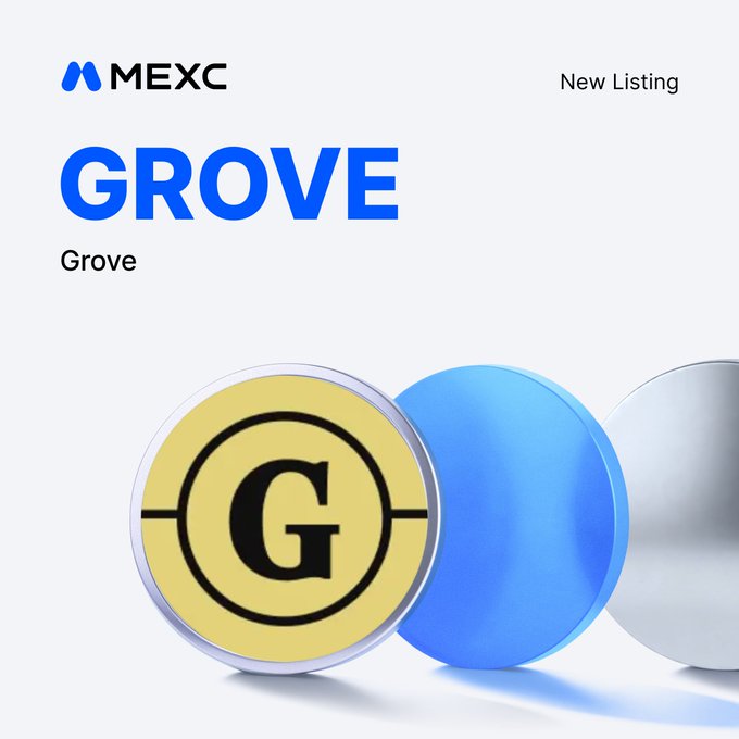 A MEXC "New Listing" announcement banner for the cryptocurrency $GROVE, featuring the MEXC logo in the top-left and displaying the project's signature blue coin alongside a yellow token marked with a "G" emblem.
