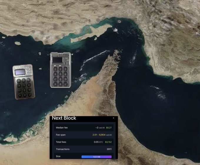 A satellite view of the Strait of Hormuz between Iran and the Arabian Peninsula overlaid with two large calculator graphics and a 'Next Block' data panel showing Median fee ~3 sat/vB ($0.27), Fee span 2.01–6,904 sat/vB, Total fees 0.05 BTC ($3,152), 3911 Transactions, and Size 1.65 MB.