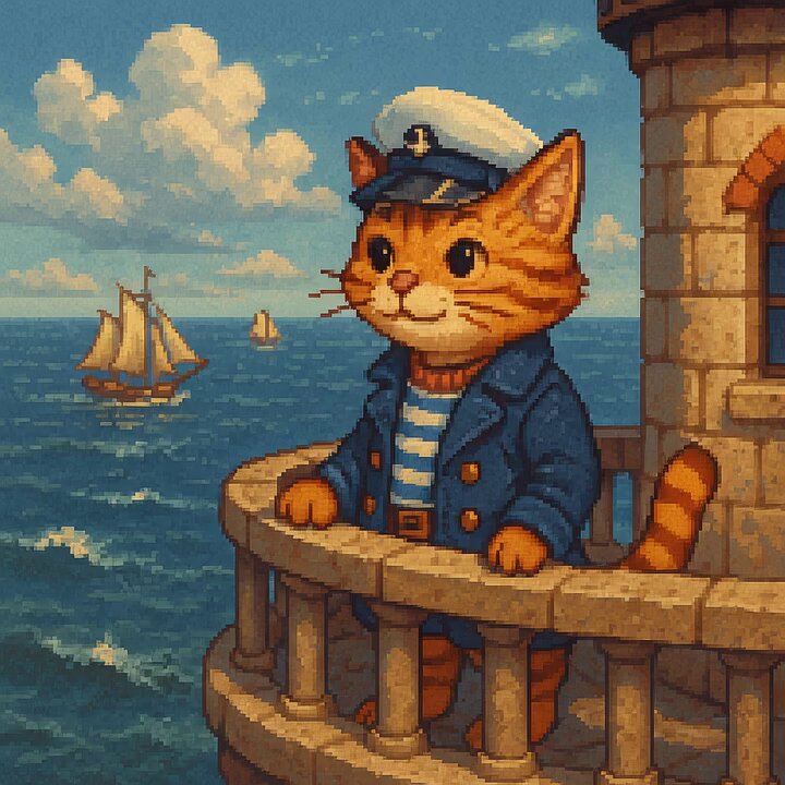 The image features a cartoon cat wearing a sailor's hat, standing on a balcony overlooking the ocean with sailboats in the background. The caption of the image reads "Captain vibes: executing flawlessly. $CWIF". This suggests that the cat is depicted as a skilled and experienced sailor or captain, possibly enjoying its time at sea while maintaining a high level of expertise.

The cat's position on the balcony provides an interesting perspective for viewers to appreciate both the beauty of the ocean and the cartoon character. The image also includes elements such as clouds in the sky and sailboats, which further enhance the overall visual appeal and narrative of the scene.