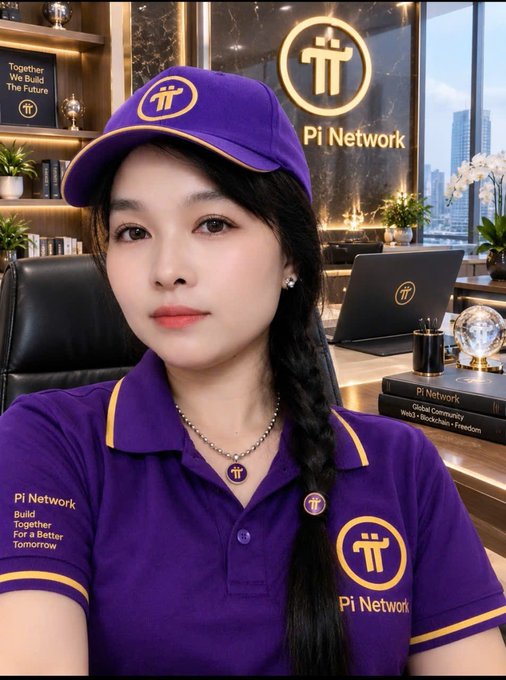 A woman wearing a purple polo shirt and cap with the Pi Network logo, sitting in an office setting with books and a laptop displaying the Pi Network logo, and the text 'Together We Build The Future'.