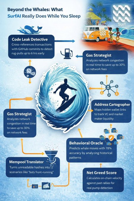 An infographic titled "Beyond the Whales: What SurfAI Really Does While You Sleep," detailing AI features including Code Leak Detective, Gas Strategist, Address Cartographer, Behavioral Oracle, Mempool Translator, and Net Greed Score.