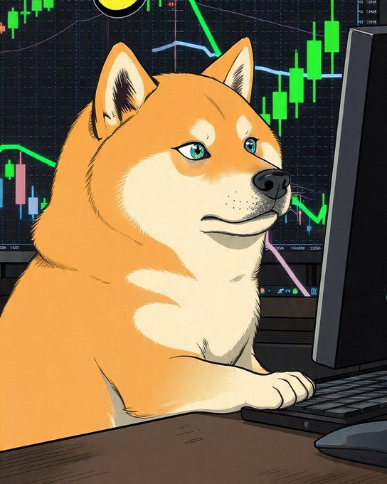A Shiba Inu (Doge) stares intently at a computer monitor displaying green and red candlestick charts with trend lines, illustrating the Dogecoin trading timeline.