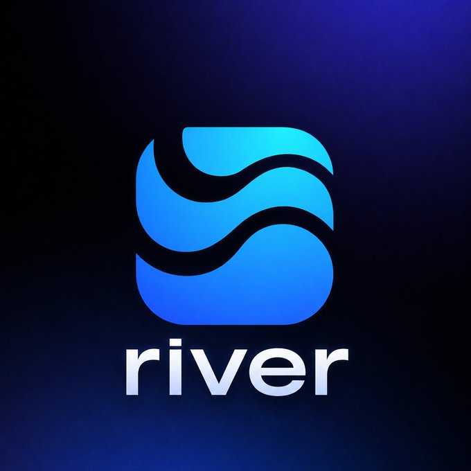 The image displays the River logo—a stylized blue rounded square with flowing wave-like curves—positioned above the brand name "river" in lowercase white text, set against a dark blue gradient background.

This visual reinforces the accompanying post about River's role in unifying financial systems across multiple blockchains, with the flowing wave design symbolizing the seamless movement of capital and collateral between diverse crypto economies.