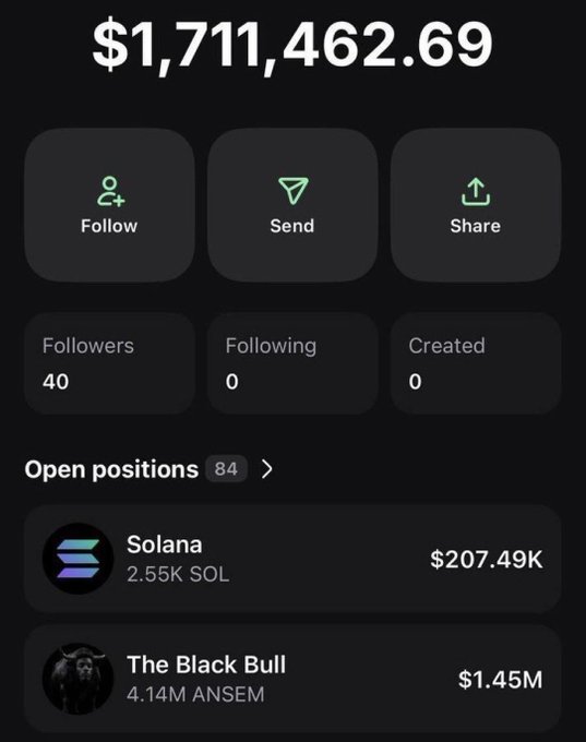 A user shares their trading portfolio showing $1,711,462.69 with 40 followers and 84 open positions, highlighting major holdings of 4.14M $ANSEM (The Black Bull) worth $1.45M and 2.55K $SOL worth $207.49K, likely as proof of success to back up their request for $SOL addresses.