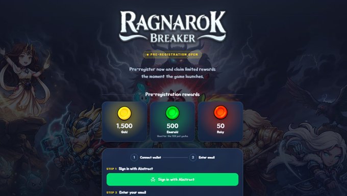 The image features a screenshot of a webpage with the title "Ragnarok: Ragnarok Breaker" displayed prominently at the top. The main content focuses on a new game called "Ragnarok: Ragnarokbreaker", which is an action-packed rougelike game that has been recently developed and released by NineChronicles & @YGG_Play, as well as earning them $500 preregistration rewards. The post encourages players to sign up for the game using the provided link to claim their reward with a single click.