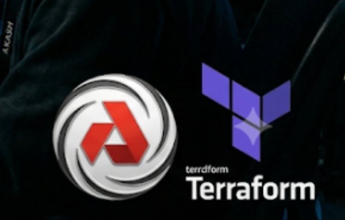 The image shows logos for Akash Network ($AKT) and Terraform, suggesting a potential integration or collaboration between the two platforms in the decentralized cloud computing space. The dark background highlights the prominent red circular Akash logo alongside Terraform's purple "T" emblem, with "terrdform Terraform" text visible below.