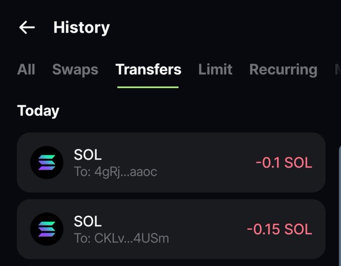 A screenshot of a crypto wallet's "History" page showing the "Transfers" tab with two outgoing SOL transactions today: -0.1 SOL to 4gRj...aaoc and -0.15 SOL to CKLv...4USm, which appears to confirm the small giveaway transfers being sent to the two winners.