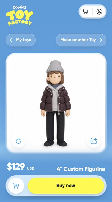Mobile app screenshot for Doodles Toy Factory showing a 3D preview of a 4" custom figurine wearing a beanie and dark puffer jacket, priced at $129 USD.
