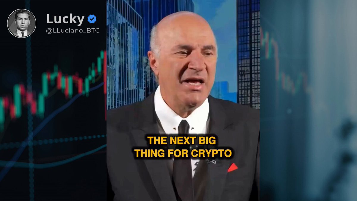 The focus on what is in the image is a man wearing a suit, talking about Bitcoin and blockchain technology. The caption reads "The next big thing for crypto" which suggests that Kevin O'Leary might be discussing the potential of Bitcoin as an investment opportunity or its impact on traditional financial systems.
