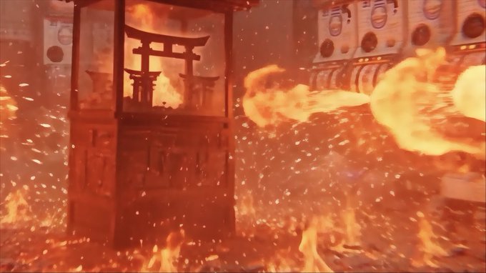 A cinematic scene of intense flames and sparks swirling around a wooden structure resembling a Japanese torii gate shrine.