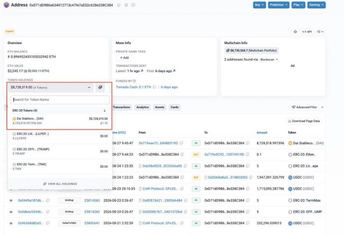 A blockchain explorer page for the address 0xD71d098e634412713c47fa7e02c628c338C384 shows an ETH balance of approximately 0.8969 ETH and holds about 8,728,319 Dai Stablesco tokens.