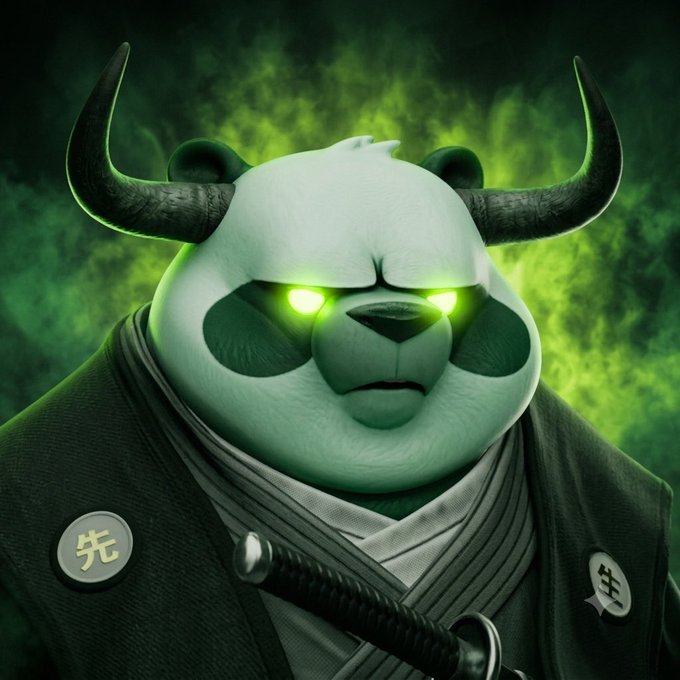 A fierce, horned panda warrior with glowing green eyes and a katana stands against a smoky green background, wearing a dark robe adorned with circular emblems bearing the Chinese characters "先" and "生" — symbolizing an ominous, battle-ready energy befitting a bullish GM greeting to $ANSEM holders.