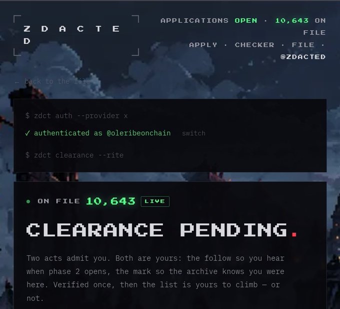 Digital interface screen titled 'ZDACTED' showing 'CLEARANCE PENDING' with text indicating 10,643 on file and instructions to follow @zdacted for phase 2 updates.