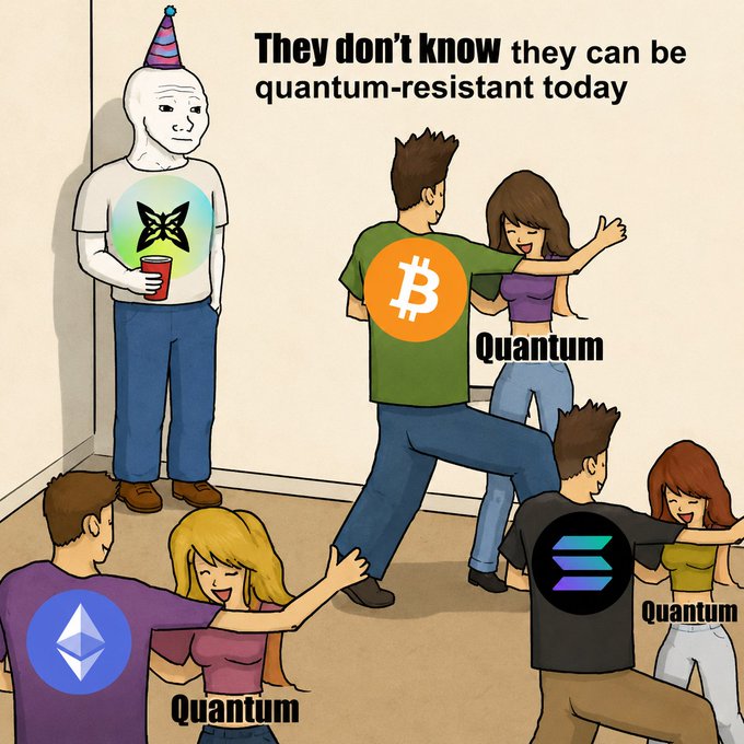 The image features a cartoon depiction of people dancing around with Bitcoin logos on their shirts. The text at the bottom of the image reads "They don't know they can be Quantum-resistant today", which suggests that the group of people are trying to resist the effects of quantum computing, as indicated by the Bitcoin logos on their shirts.