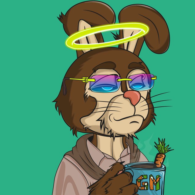 Digital illustration of a cartoon bunny with a green halo, wearing blue and purple sunglasses and holding a blue mug with a carrot inside.
